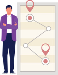 A boy with tied hands is standing near the map locations.