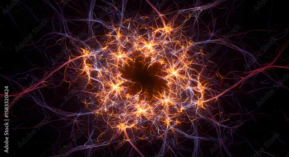 Poster abstract depiction of neural networks or energy flow, showcasing interconnected branching lines radi