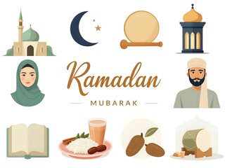 A collection of Ramadan-themed illustrations including mosque, crescent, people, and food.