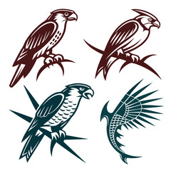 Majestic raptors perched on branches stylized art falcon hawk