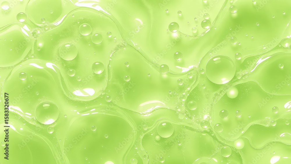 Poster light green fluid with pearlescent bubbles and surface tension creates a serene and calming abstract