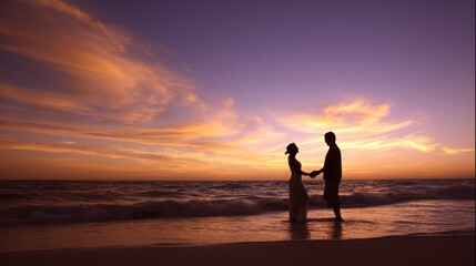 Fototapeta premium A romantic scene of a couple holding hands on a beach at sunset, with the ocean and colorful sky in the background