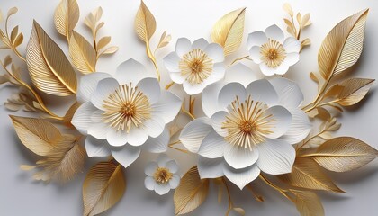 3d paper art of white flowers with gold branches on white background