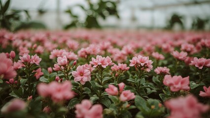 Detailed view of pink flowering plants cultivated indoors