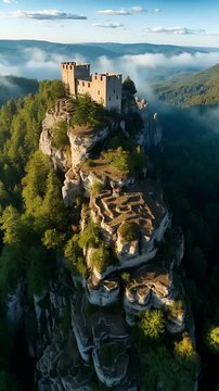 Medieval Castle Perched on Dramatic Rocky Cliff in Misty Mountain Landscape