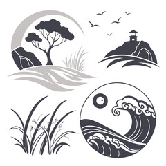 Nature inspired graphics with trees rocks waves and birds vector