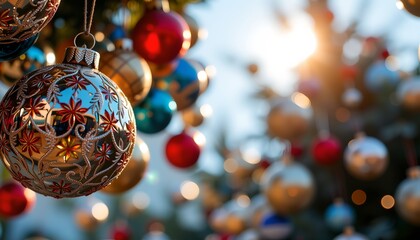 Festive Baubles Reflecting Warm Sunlight