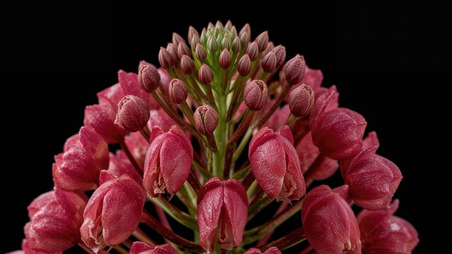 Detailed studio image of cathedral bell flowers (Bryophyllum pinnatum), a succulent species from the Crassulaceae family, set on black background.
