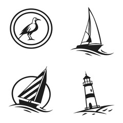 Nautical icons with bird sailboat and lighthouse vector