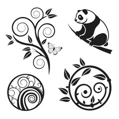 Panda butterfly floral swirls and circular ornaments vector