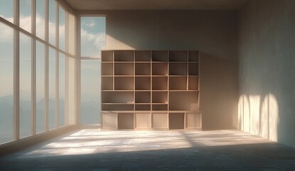 Light-filled room with expansive windows and a wooden bookcase