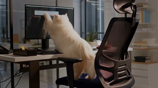 Fluffy white cat sitting at office desk and using computer. Funny pet working on keyboard in modern workspace footage.