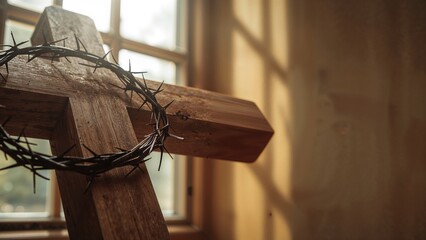 Detailed view of a wooden crucifix and thorny crown backlit by sunlight on a rustic wooden surface with empty space, suitable for religious or Easter themes
