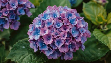 Obraz premium Intimate perspective of radiant blue and pink hydrangea florets in full bloom, surrounded by fresh green leaves, presenting a bright and vivid environment.