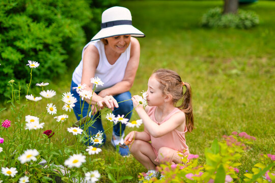 grandmother and granddaughter digging soil with gardening tools in yard
