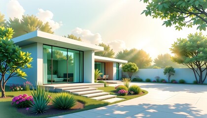 Serene Watercolor Contemporary House Exterior