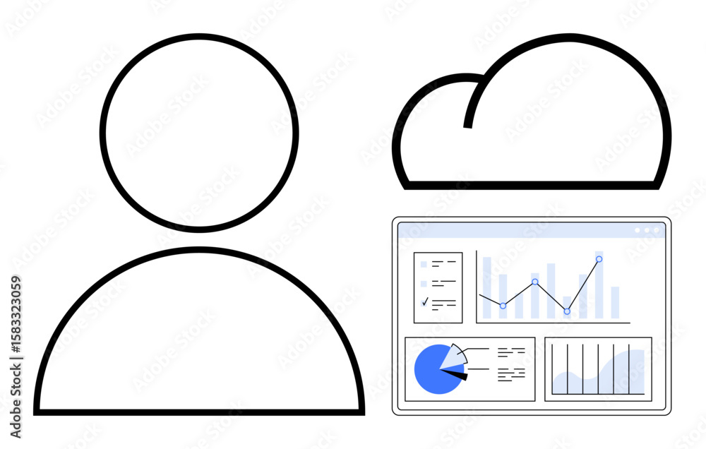 Poster user profile icon, cloud symbol, and analytics dashboard with graphs, charts, and performance report