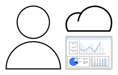 User profile icon, cloud symbol, and analytics dashboard with graphs, charts, and performance reports. Ideal for technology, data visualization, user management, cloud computing tracking reporting