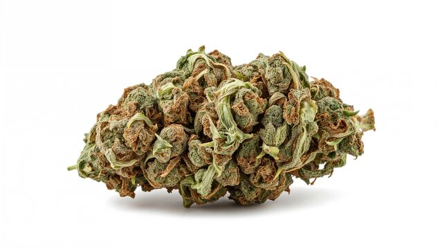 Close-up image of a hybrid cannabis bud with medicinal and recreational properties isolated on white