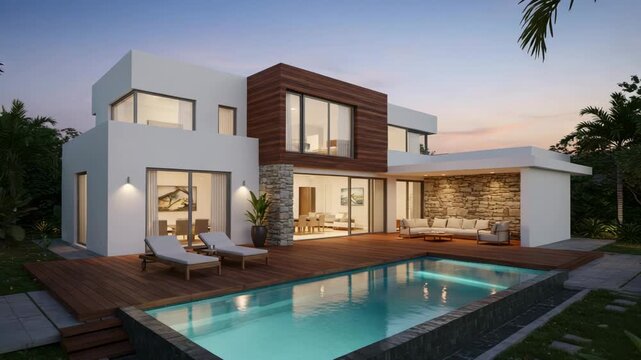 Modern home exterior design with pool and outdoor living space render