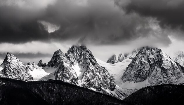 majestic snow covered mountain range with rugged peaks under dramatic cloudy sky in black and white