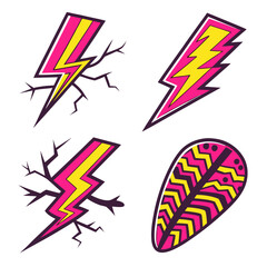 Fototapeta premium Jagged lightning bolt and tribal feather icons cracked