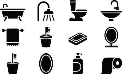 Black Bathroom Icons Bathtub Shower Toilet Sink Mirror Soap Dispenser Toilet Paper
