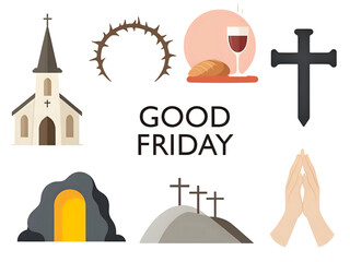 Illustrative depiction of Good Friday symbols including church, cross, and bread.