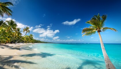 Obraz premium sunny tropical caribbean beach with palms swaying in the gentle breeze and turquoise waters lapping at the shore