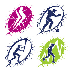 Sports icons with jagged oval frames baseball cricket