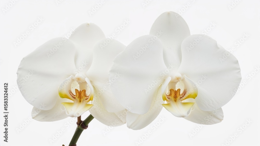 Poster macro shot of a pair of pristine white orchids in full bloom with a plain background