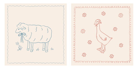 Cute vector prints with sheep wearing bow and goose in headscarf. Whimsical posters with farm animals. Line art cottagecore frames. Rural drawings for nursery, kids design