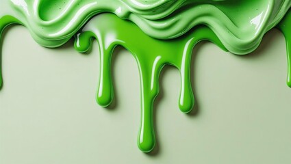 Green, glossy paint or slime dripping down a light green background, creating a textured, flowing, and viscous effect.