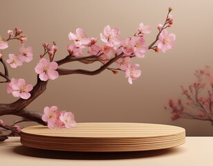 3d background beige podium wood display sakura pink flower tree branch cosmetic or beauty product promotion step floral pedestal abstract minimal advertise 3d render copy space spring mockup