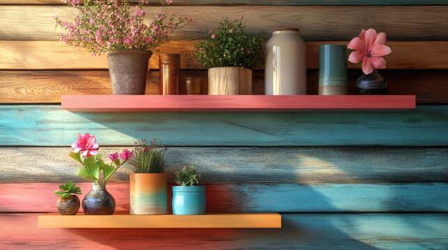Home decor with flowers and vases on wooden shelves. Useful for articles and advertisements related to home interior and decor.