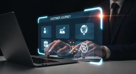 Close-up of businessman interacting with digital screen showing customer journey insight, boosting satisfaction, journey tracking, experience, and revenue growth strategy
