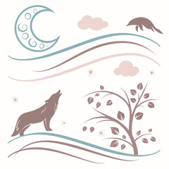 Stylized wolf howling at moon with tree and clouds crescent
