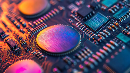 Close-up of a printed circuit board with bright colored highlights. Useful in technology articles, electronics presentations, engineering educational materials.