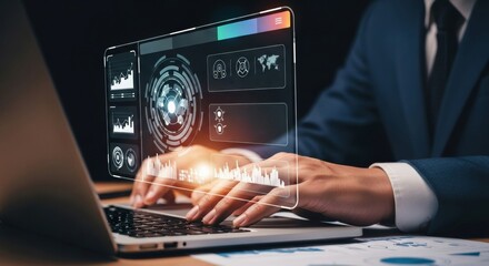 Businessman using a laptop with a holographic dashboard for planning digital marketing, e-commerce, social media targeting, and online advertising strategy.