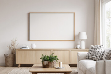 Blank horizontal frame for wall art in a modern Scandinavian living room showcasing minimalism and simplicity with a cozy atmosphere