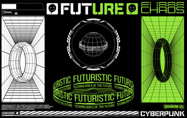 A digital interface displays a spherical globe surrounded by text emphasizing futuristic technology. The design conveys a cyberpunk aesthetic with vibrant colors and geometric patterns.