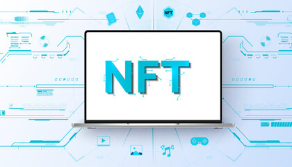 A laptop screen displays the letters NFT prominently against a stylized blue graphic background featuring various digital elements.