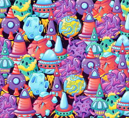 A vibrant and engaging scene showcases imaginative planets, quirky rockets, and playful alien figures surrounded by a cosmic environment in bright colors.