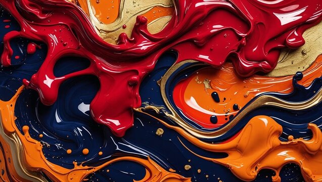 Abstract close-up of swirling, glossy paint in vibrant colors of red, orange, gold, and navy blue, creating a dynamic and textured surface.