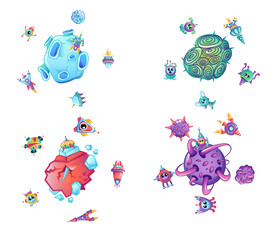 A variety of playful cartoon aliens and planets float in a vibrant outer space environment. Bright colors and fun shapes create a whimsical atmosphere perfect for children's imagination.