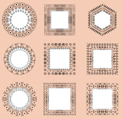 A collection of nine border designs on a light background showcases various shapes and patterns. Each border features distinct artistic styles suitable for enhancing creative works.