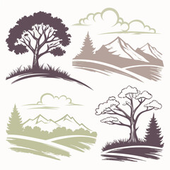 Nature landscape icons trees mountains clouds vector