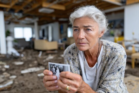 A reflective elderly woman clutches a photograph amidst a damaged interior, symbolizing the fragility of memories in the aftermath of chaos and loss.