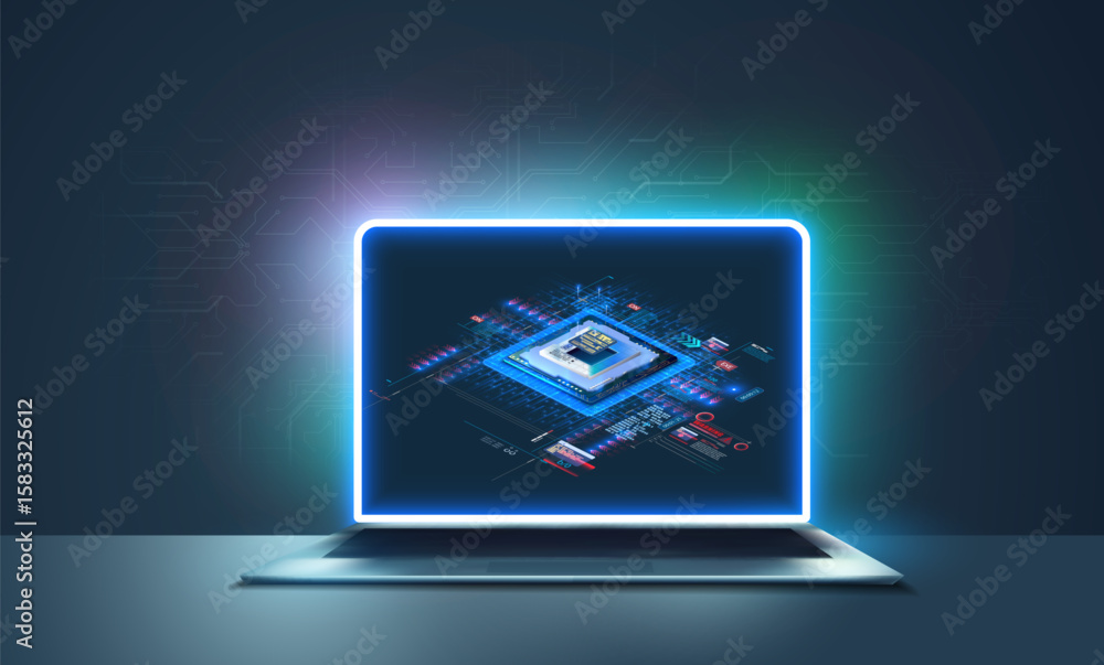 Poster a sleek laptop sits on a surface, illuminating holographic data of a microprocessor. the technology 