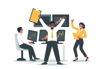 Fototapeta premium An illustration shows three happy stock traders. Two raise fists in celebration. Computer screens display stock charts, emphasizing financial success and teamwork.